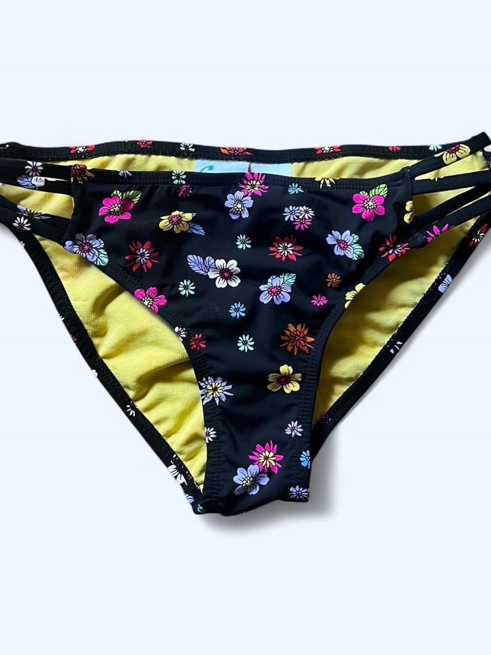 Floral Cutout Bikini Bottoms - Black with Multicolor Flowers